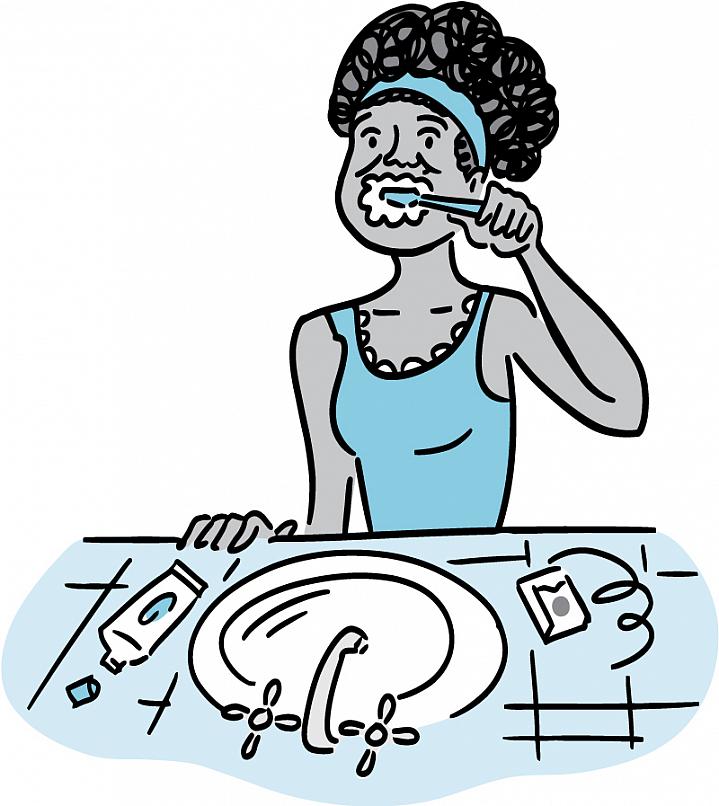 Illustration of woman brushing her teeth.