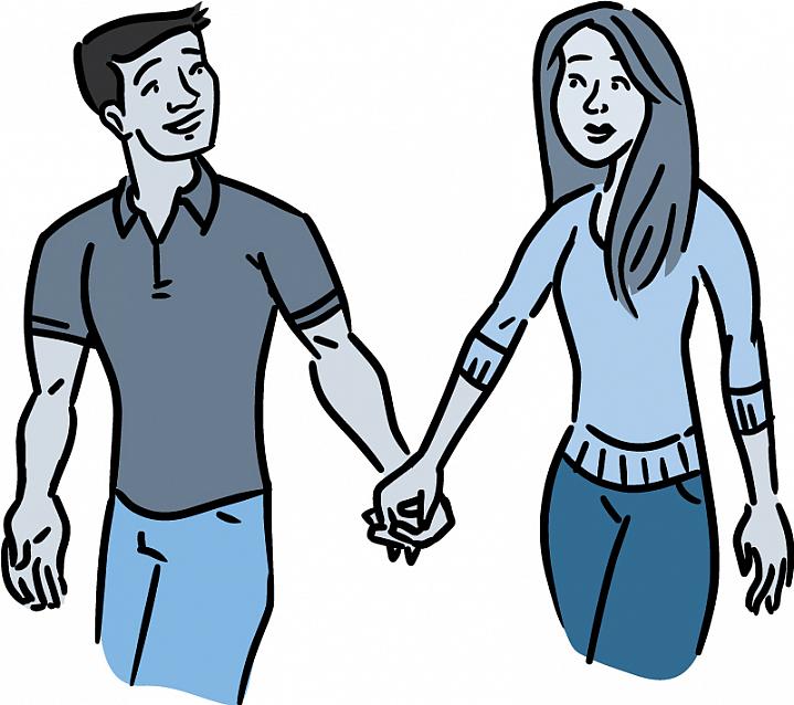 Illustration of a young man and woman holding hands and talking Illustration of a young man and woman holding hands and talking.