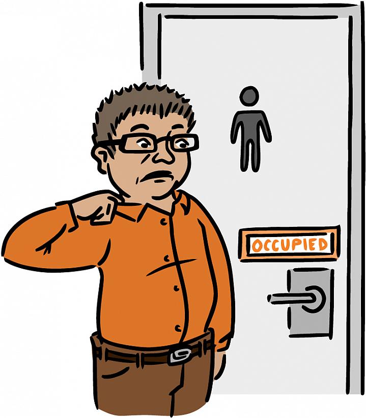 Illustration of a man anxiously waiting to use an “occupied” restroom.