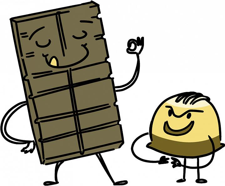 Illustration of a smiling dark chocolate bar and a sinister chocolate truffle.