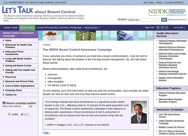 Screenshot of the Let's Talk About Bowel Control website.