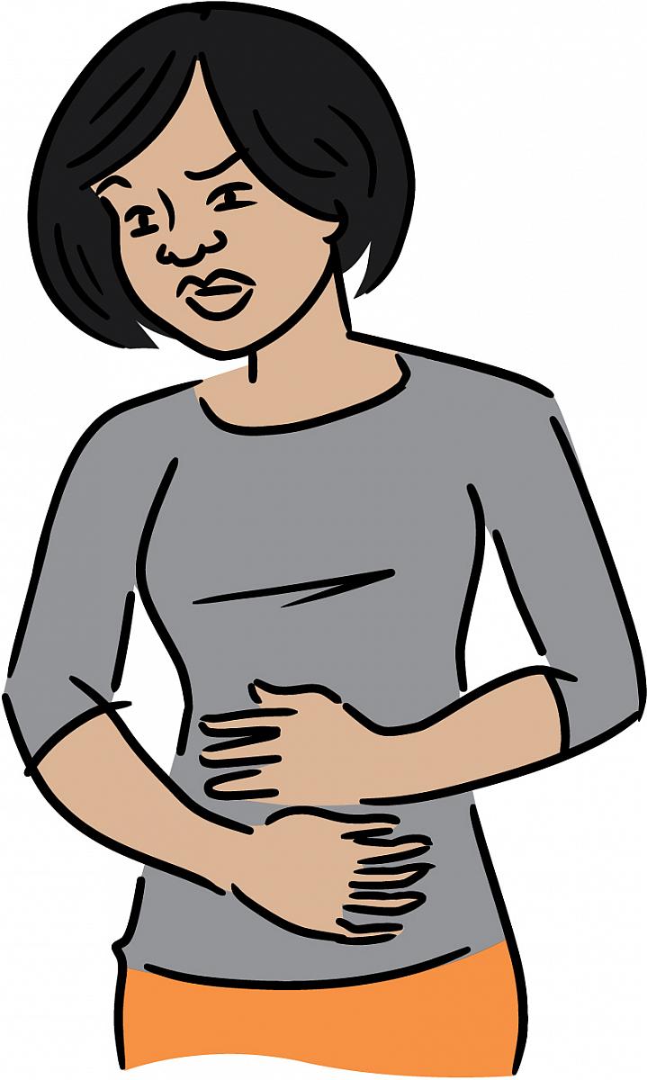 Illustration of an uncomfortable-looking woman clutching her lower belly.