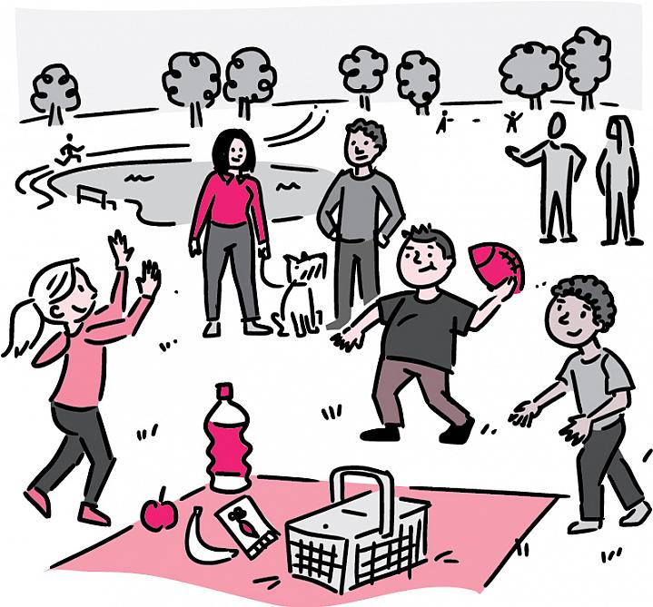 Illustration of a family picnic with healthy foods and kids at play in a park.