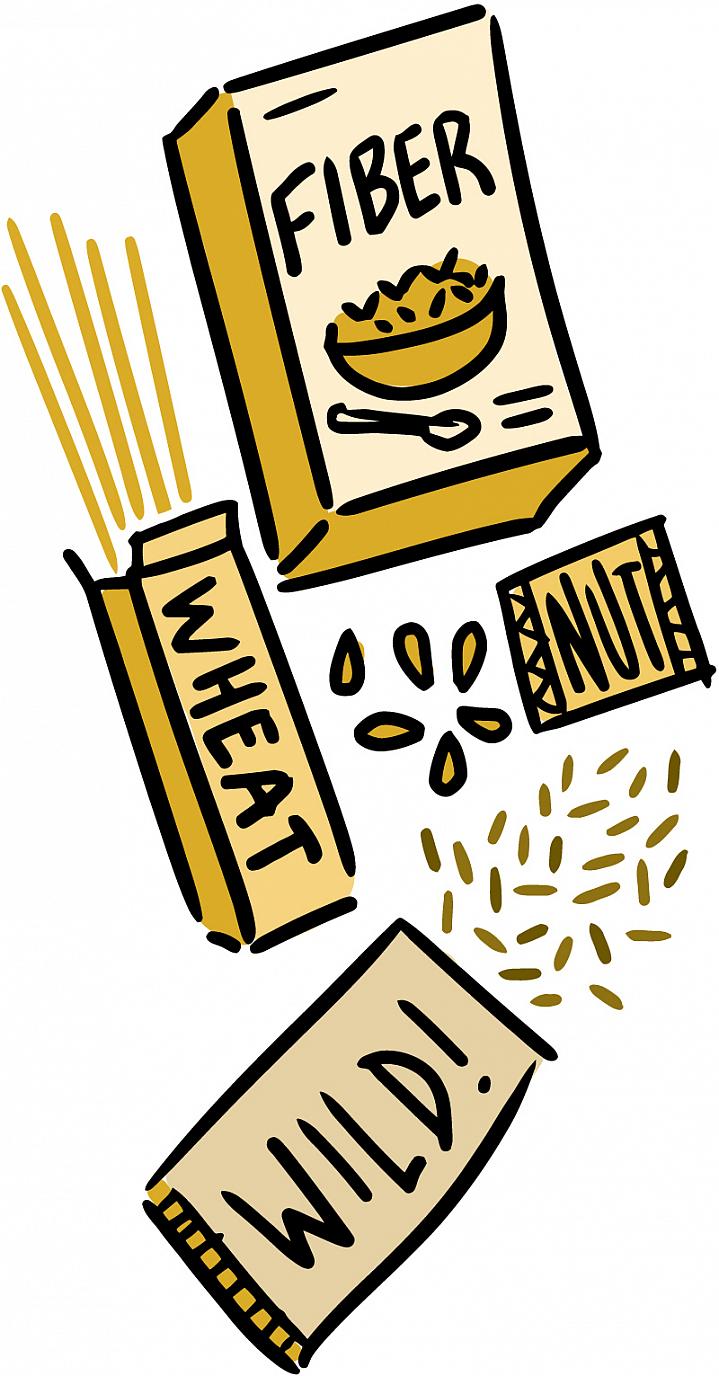 Illustration of a high-fiber cereal, wild rice, whole-wheat pasta and nuts.