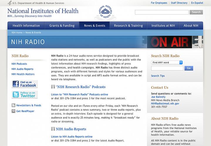 Screen capture of the homepage for NIH Radio