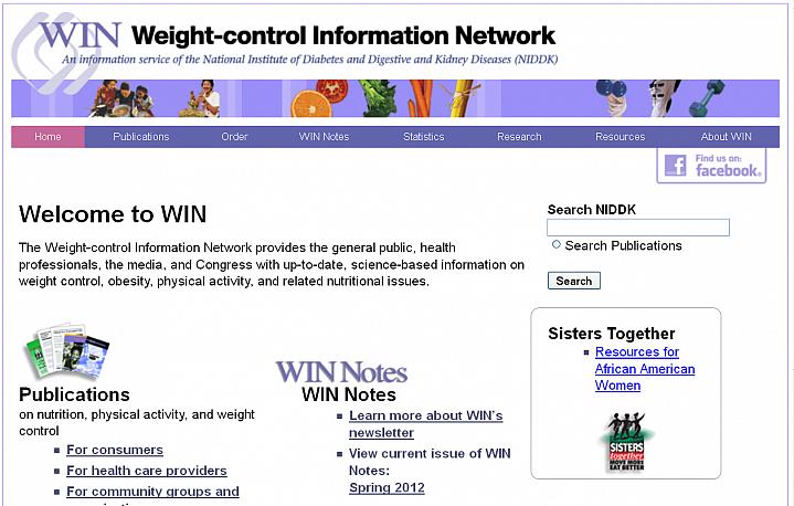 Screen capture of the homepage for the Weight-control Information Network.