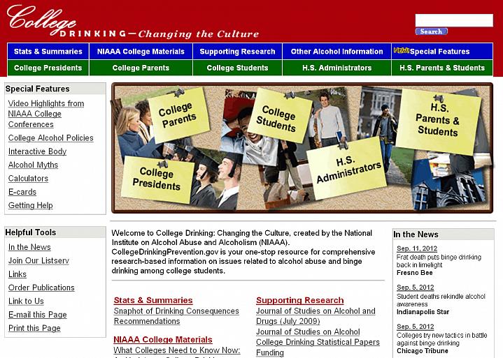 Screen capture of the homepage for the NIAAA College Drinking website.