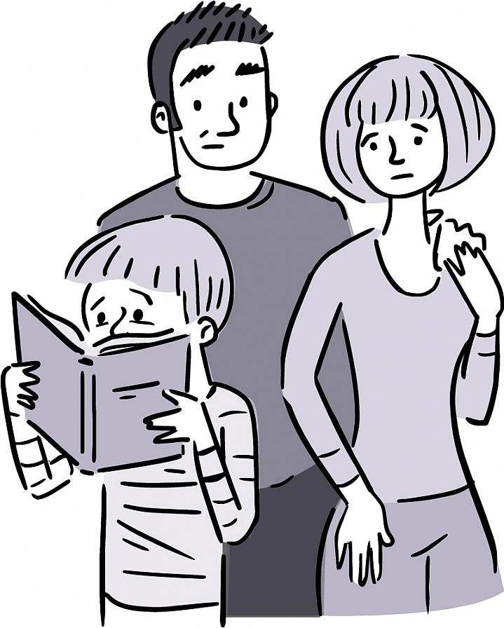 Illustration of worried parents watching a young child reading a book.