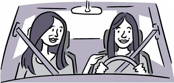 Illustration of a smiling teen driver with her mother in the passenger seat.