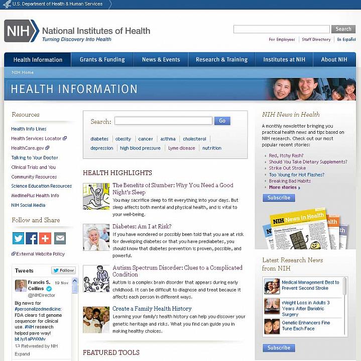 Screen capture of the homepage for the NIH Health Information website.