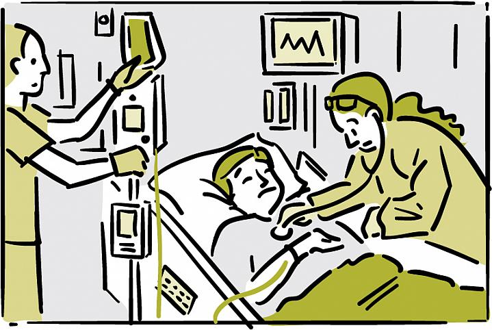 Illustration of a patient being treated in a hospital room Illustration of a patient being treated in a hospital room.