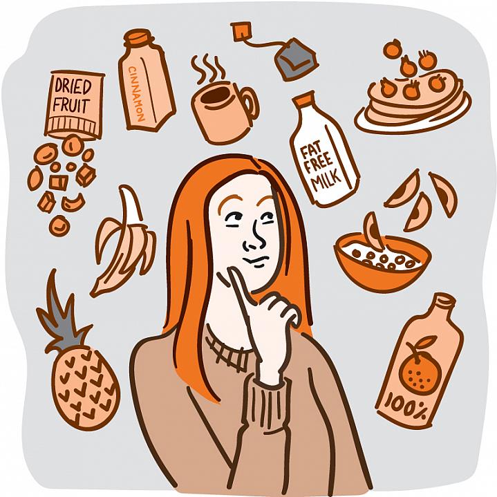 Illustration of a woman surrounded by healthy foods that don’t contain added sugar Illustration of a woman surrounded by healthy foods that don’t contain added sugar.