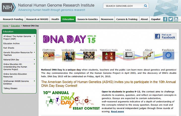 Screen capture of the homepage for the National DNA Day website Screen capture of the homepage for the National DNA Day website.