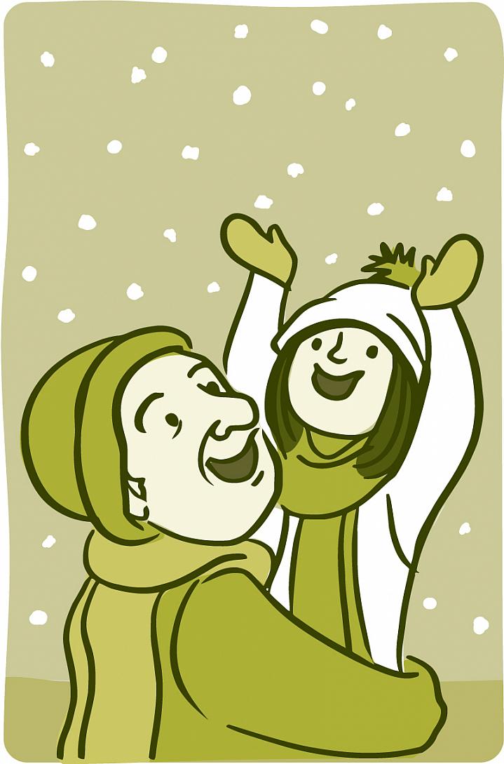 Illustration of a happy older person and child bundled up in wintry outerwear on a snowy day.