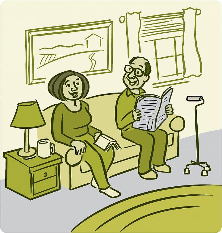 Illustration of a smiling older man and woman sitting on the couch with a walking cane nearby Illustration of a smiling older man and woman sitting on the couch with a walking cane nearby.