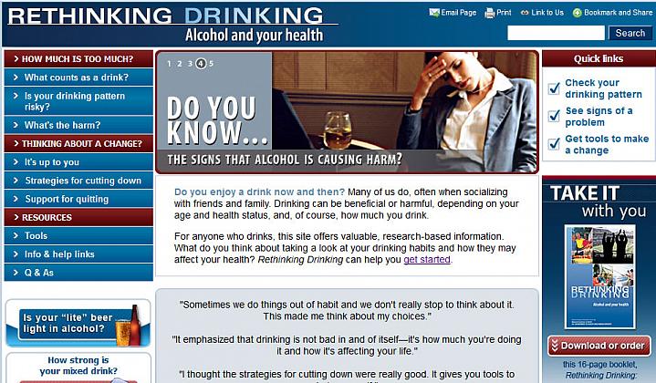 Screen capture of the homepage for the Rethinking Drinking website.