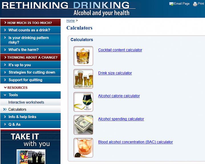 Screen capture of NIH’s Alcohol Calculators webpage.