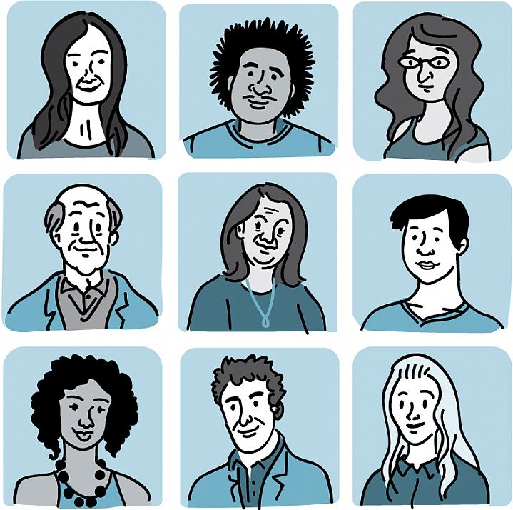 Illustration of 9 men and women of differing ages and ethnicities Illustration of 9 men and women of differing ages and ethnicities.