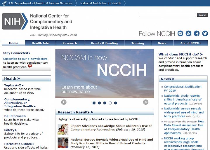 Screen capture of the homepage for the National Center for Complementary and Integrative Health website Screen capture of the homepage for the National Center for Complementary and Integrative Health website.