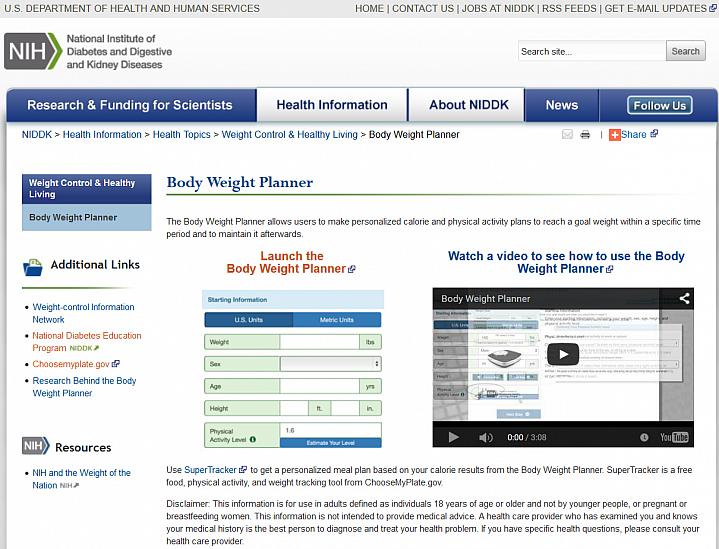 Screen capture of the homepage for the Body Weight Planner website Screen capture of the homepage for the Body Weight Planner website.