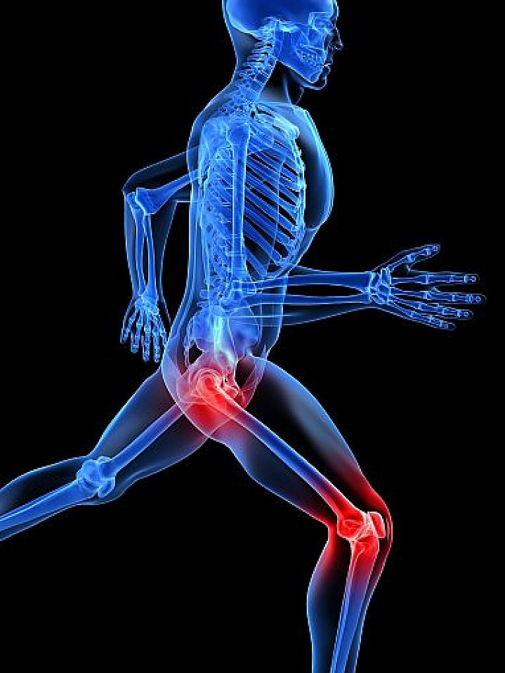 3D illustration of a running skeleton with highlighted joints.