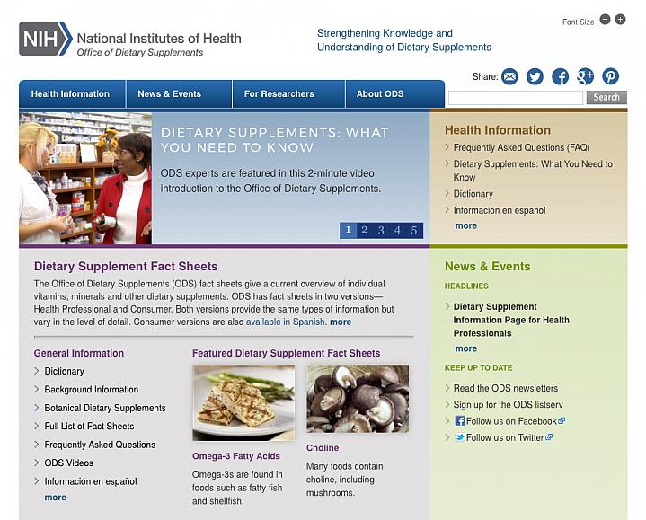 Screen capture of the homepage for NIH Office of Dietary Supplements Screen capture of the homepage for NIH Office of Dietary Supplements.