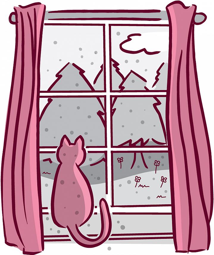 Illustration of cat sitting on a windowsill looking out at trees, flowers, and specks of pollen.