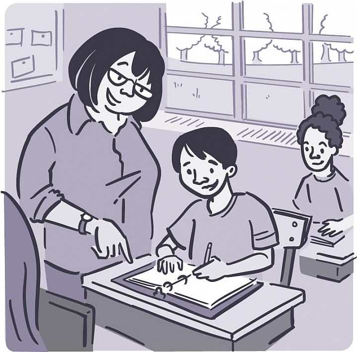 Illustration of a teacher helping young students in a classroom Illustration of a teacher helping young students in a classroom.