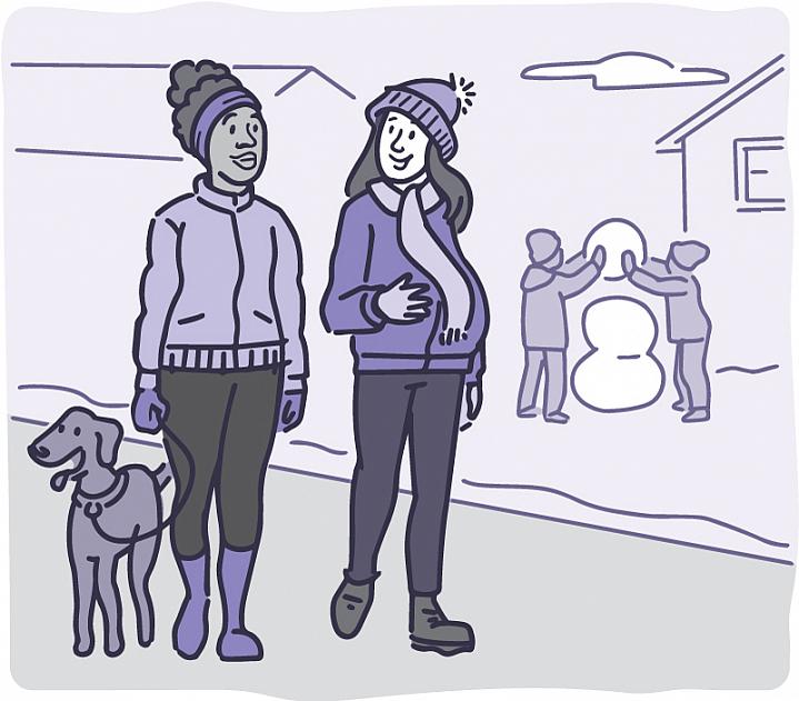 Illustration of a pregnant woman walking with a friend through a snowy neighborhood Illustration of a pregnant woman walking with a friend through a snowy neighborhood.