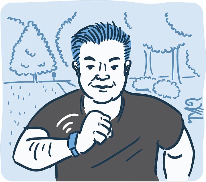 Illustration of a man running looking at a health sensor on his wrist Illustration of a man running looking at a health sensor on his wrist.