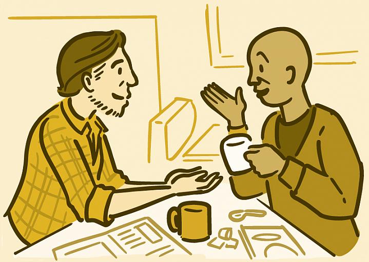 Illustration of two men having coffee and talking Illustration of two men having coffee and talking