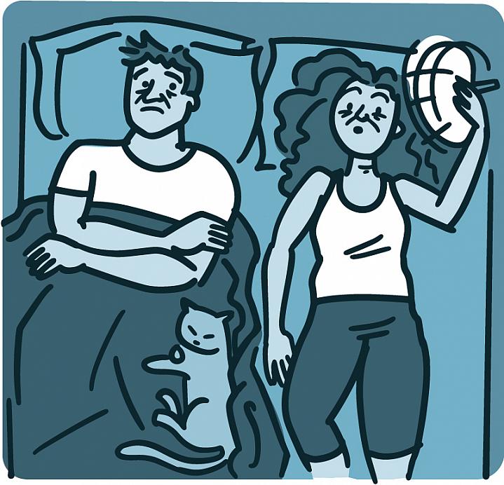 Illustration of a woman awake in bed with her husband and cat Illustration of a woman awake in bed with her husband and cat