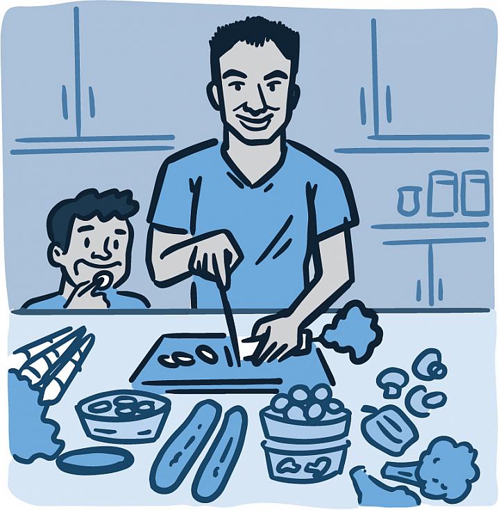 Illustration of a parent and child preparing a healthy meal together Illustration of a parent and child preparing a healthy meal together