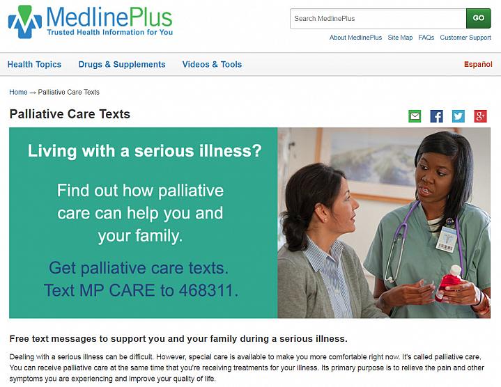 Screenshot of the palliative care text website