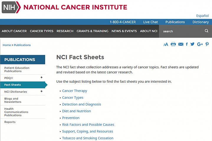 Screenshot of the Cancer Fact Sheet website