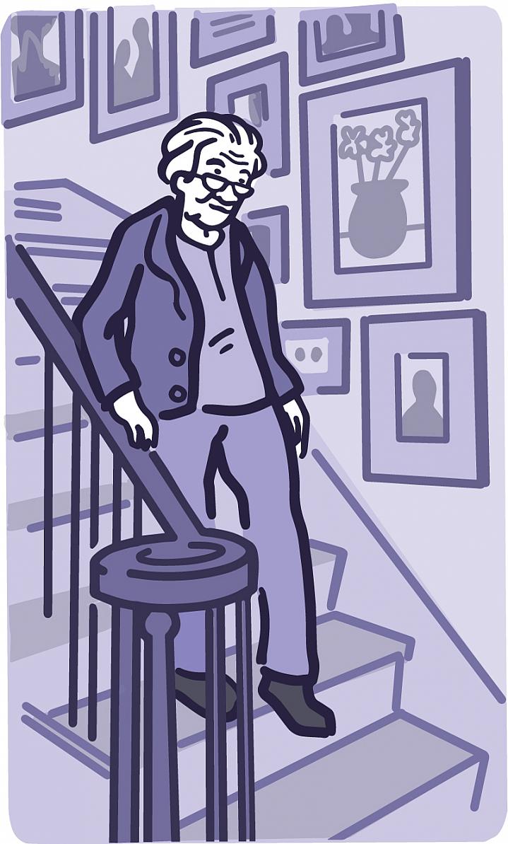 Illustration of an older adult holding the handrails when using the stairs