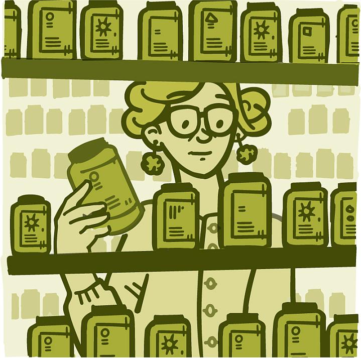 Illustration of a woman looking at supplements in a store