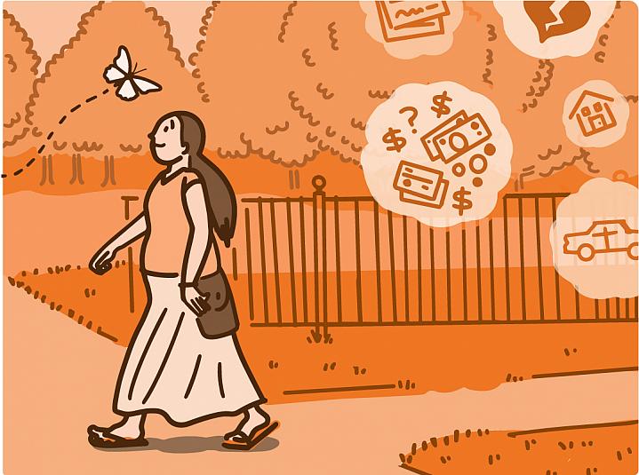Illustration of a woman focusing on a butterfly as her worries float away Illustration of a woman focusing on a butterfly as her worries float away