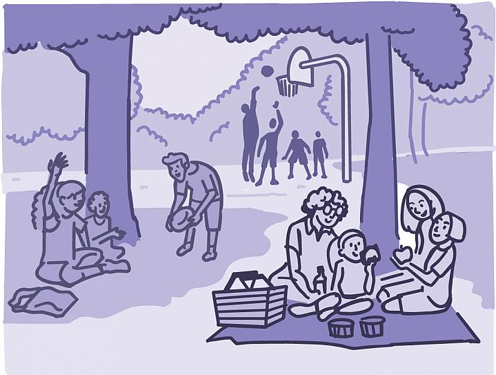 Illustration of families and friends being active together at a park