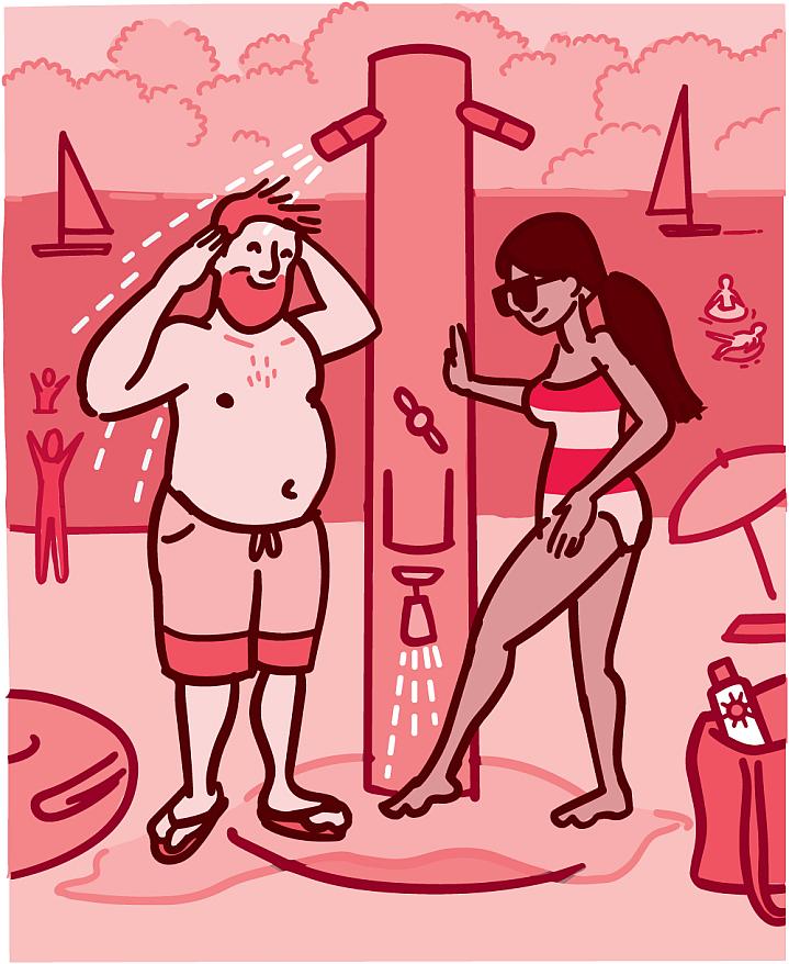 Illustration of a man and a woman rinsing off in a shower on the beach