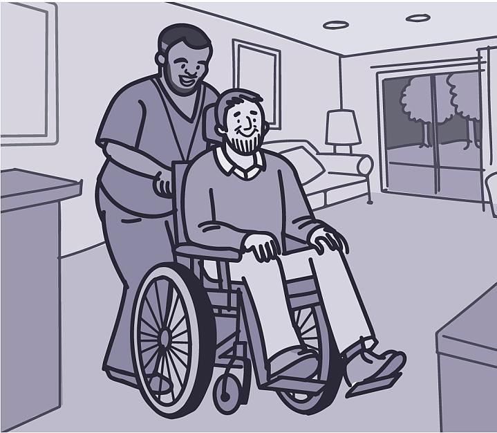 Illustration of a health care worker pushing a person with ALS in a wheelchair Illustration of a health care worker pushing a person with ALS in a wheelchair.