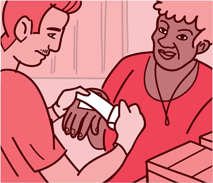 Illustration of a person bandaging a woman’s hand.