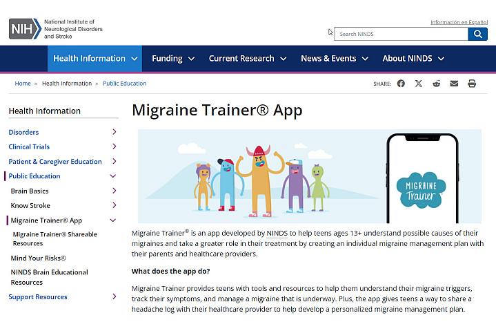 Screenshot of the Migraine Trainer App website Screenshot of the Migraine Trainer App website.