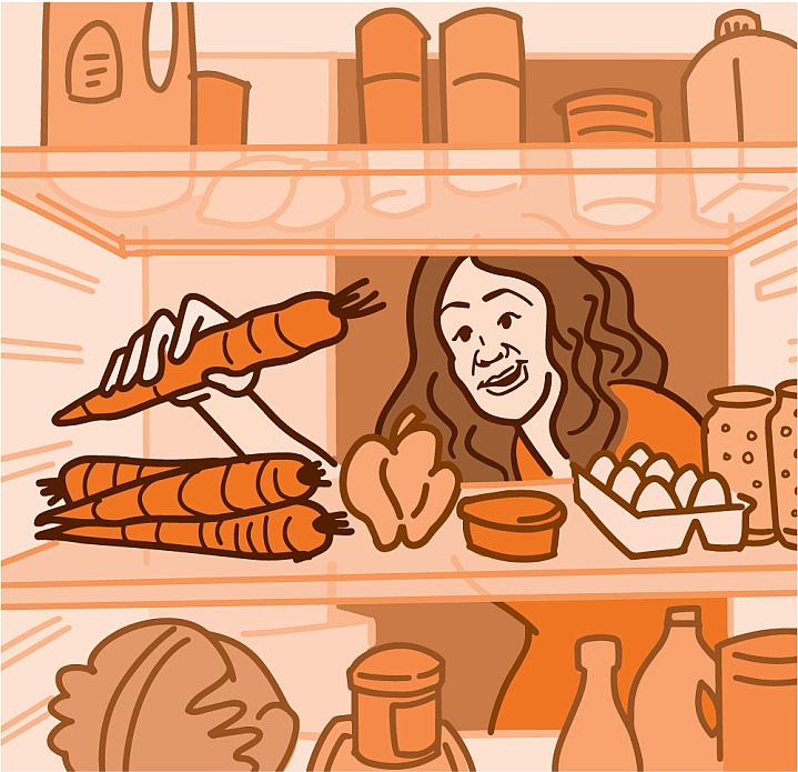 Illustration of a woman picking up a carrot out of the refrigerator.