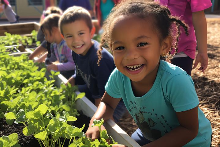 Young children tending plants in a community garden, image was AI-generated.